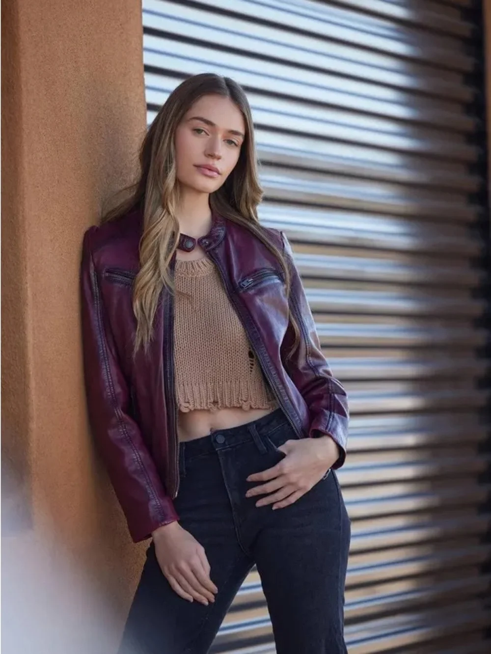 Women's Burgundy Leather Moto Jacket